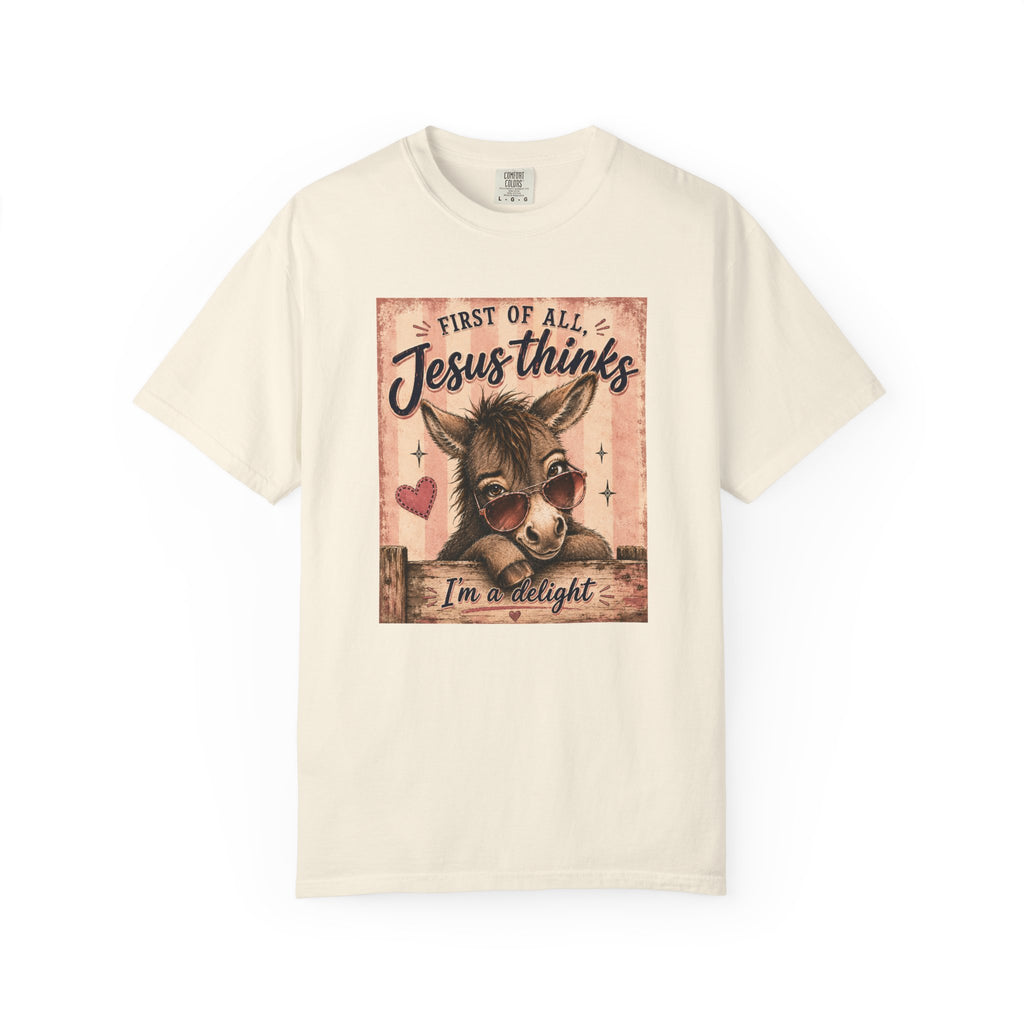 Christian Donkey T-Shirt — “First of All Jesus Thinks I’m Delight” Vintage Faith Tee