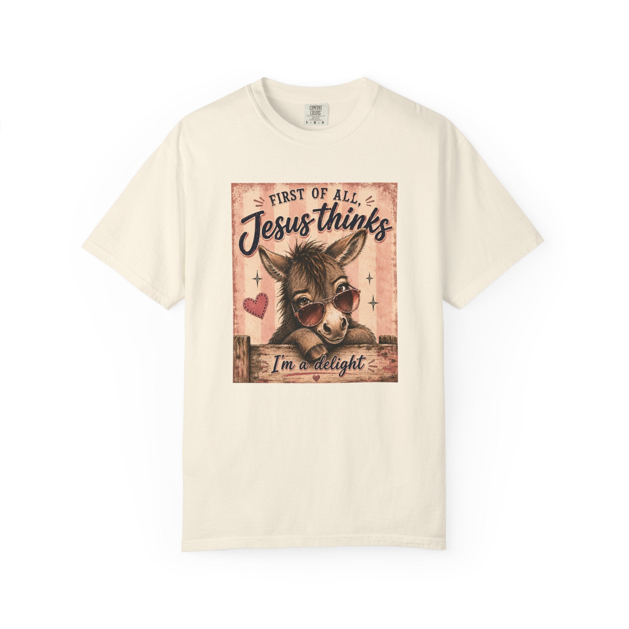 Christian Donkey T-Shirt — “First of All Jesus Thinks I’m Delight” Vintage Faith Tee