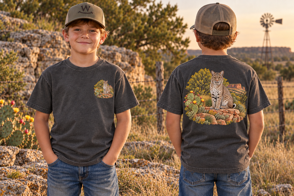 Youth Caprock Critters bobcat tee with small front design and large West Texas wildlife artwork on the back