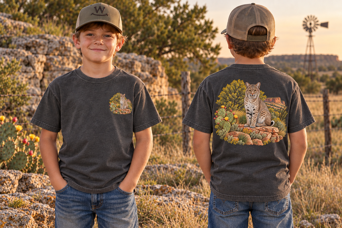 Youth Caprock Critters bobcat tee with small front design and large West Texas wildlife artwork on the back