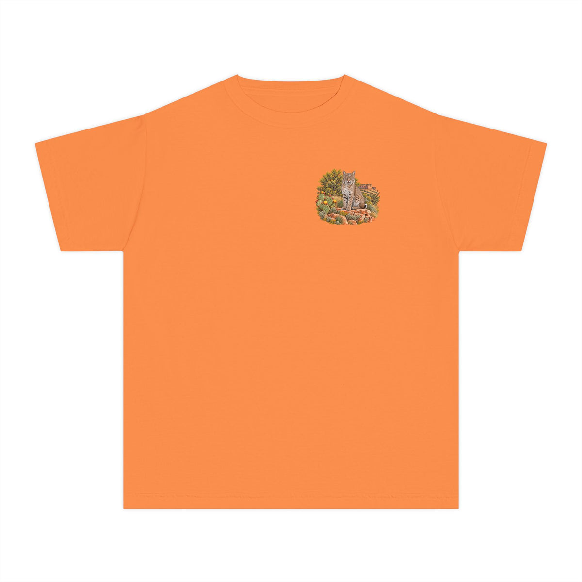 Youth Caprock Critters bobcat tee with small front design and large West Texas wildlife artwork on the back